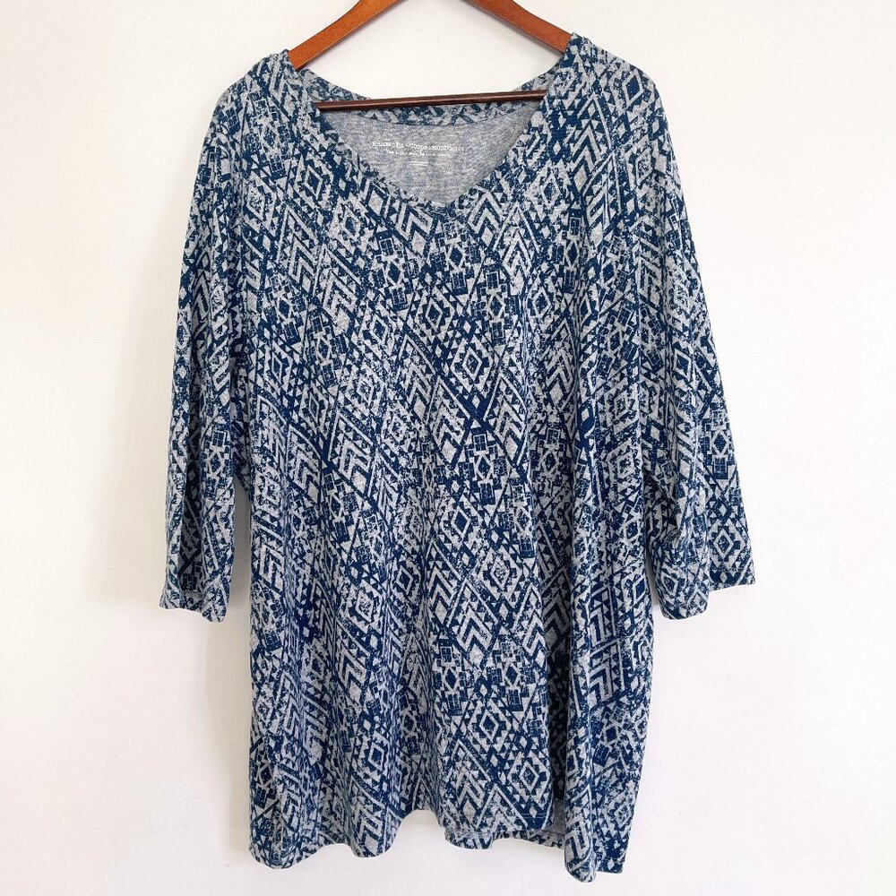 Penningtons Women Blue Geometric Print 3/4 Sleeves Pullover Top Size 3X